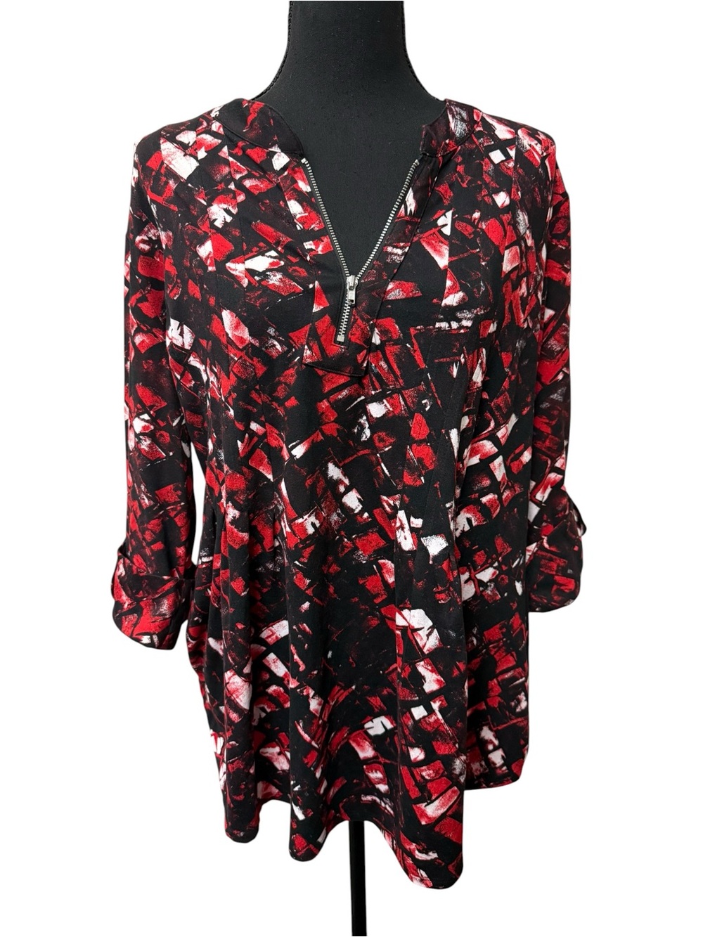 Avenue Red Black Abstract Zip Front Tunic Blouse Roll Tab Top Plus 14 16
